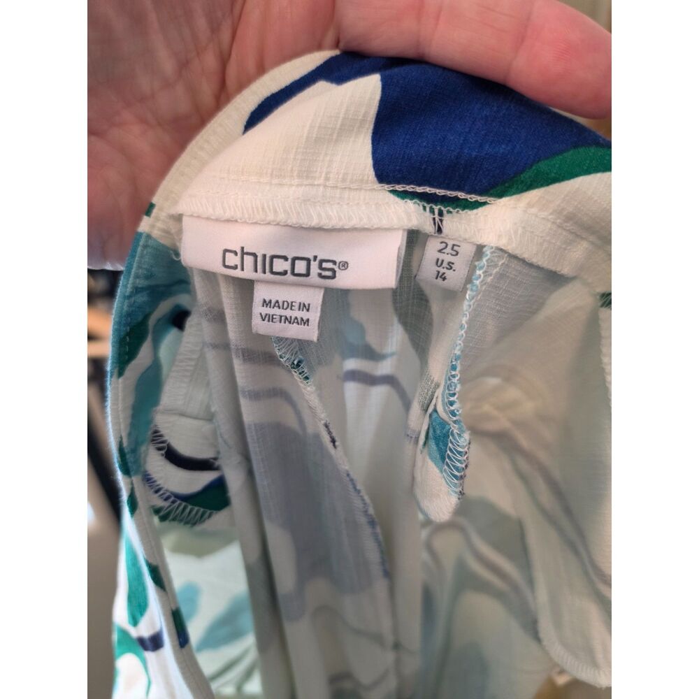 Chico's Linen Blend Crop Pants Size 2 Large Blue Green Floral Botanical - Picture 2 of 9